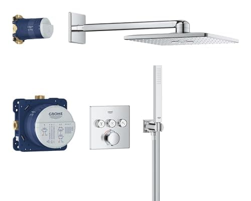 Image of GROHE Precision SmartControl - Concealed Shower System with 3 Valves Thermostat (SmartActive 31cm Head Shower 2 Sprays, Cube Stick Hand Shower 1 Spray, Hose 1.5m, Square Trim), Chrome, 34875000