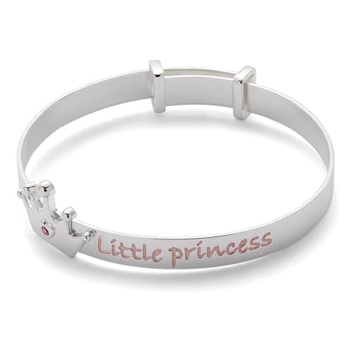 Image of equilibrium Little Princess Silver Plated Baby Bangle, Adjustable Keepsake Bracelet with Crown Design and Pink Crystal