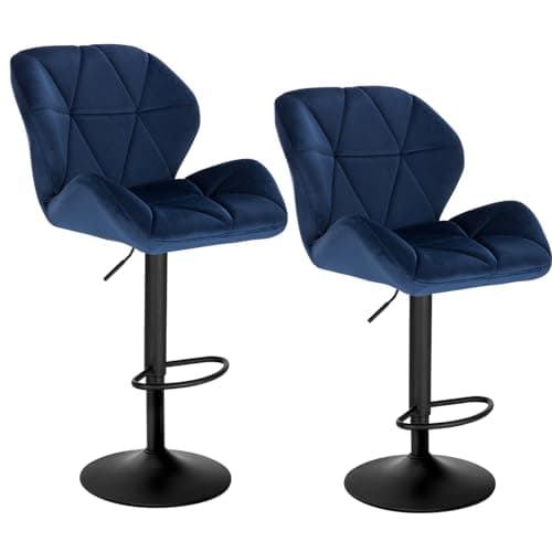 Image of WOLTU Bar Stools Set of 2 Bar Chairs Breakfast Dining Stools for Kitchen Island Counter Barstools, Adjustable Swivel Gas Lift, Metal Footrest & Black Base, Blue Velvet