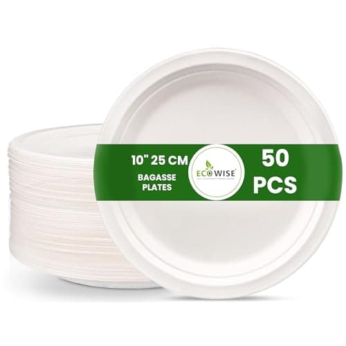 Image of EcoWise 10" Large Strong Disposable Plates, Pack of 50 Ecofriendly Biodegradable Disposable Plates Sugarcane Fibre Compostable Plates Microwave Safe Party Plates for HOT & Cold Food (50, 10 Inch)