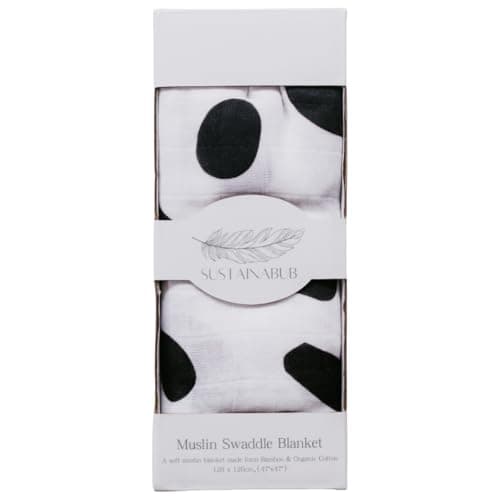 Image of Sustainabub Organic Baby Muslin Cloth Swaddle - Award-Winning Soft Muslin Square Blanket. GOTS & OEKO TEX certified Bamboo & Organic Cotton Blend - Sensory Prints (Spot, 120 x 120 cm)