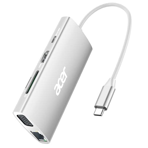 Image of Acer USB C Hub with 4K@30Hz HDMI, 9-in-1 USBC to Ethernet Adapter, 5Gbps USB-A Docking Station, PD 100W Charging, SD Card Reader, VGA Splitter for MacBook, Acer, Laptops, Surface (Silver)
