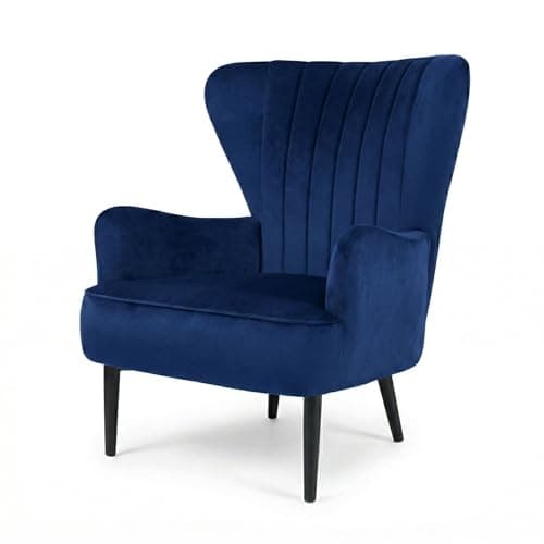 Image of EVRE Velvet Armchair, Large High Back Tub Chairs with Tapered Backrest & Metal Legs, Modern Accent Reading Chairs for Living Room, Bedroom or Office. (Dark Blue, Velvet)