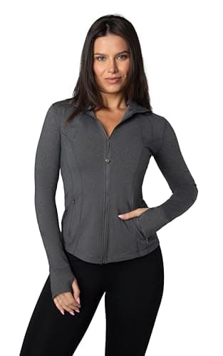Image of 90 Degree By Reflex Full Zip Running Track Jacket Lightweight Athletic Slim Fit Jacket with Thumbholes, Heather Charcoal Fleece Lined, M