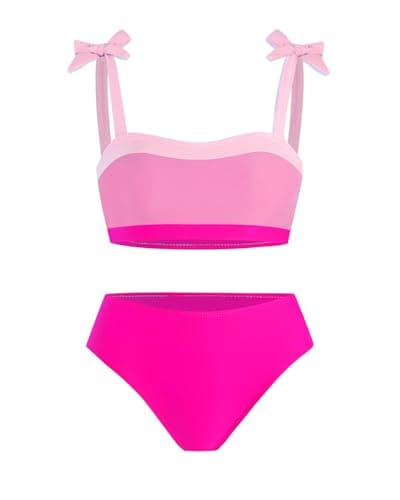 Image of Xumplo Girls Swimming Costume Kids 2-Piece Bikinis Set Teens Stripe Bathing Suit Color Block Swimwear 9-10 Years (Pink)