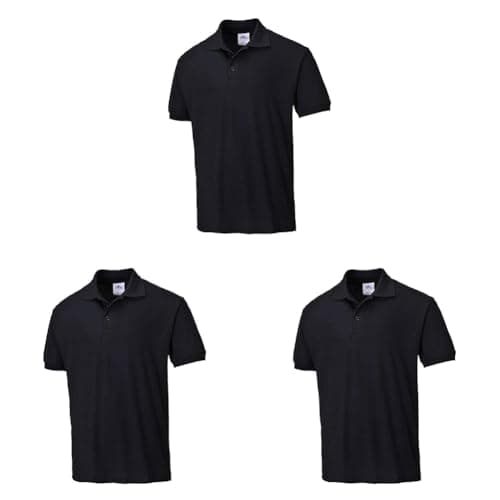 Image of Portwest B210 Naples Mens Polo Shirt Short Sleeve Pique Knit Polycotton Corporate Workwear Uniform UPF 40 Plus UV Protection Rib Collar Cuffs Twin Stitched Seams, Black, L