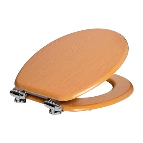 Image of Harbour Housewares Soft Close Toilet Seat - Beech - Pack of 1 - Oval-Shaped Wooden Toilet Seat Antibacterial Loo Lid with Universal Chrome Hinges, Fixings & Fittings