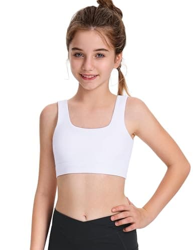 Image of JOCMIC Girls Sports Bras Soft Seamless Training Bra with Removable Padding Yoga Crop Tops for Teens White, 12-13 Years, Tag 160