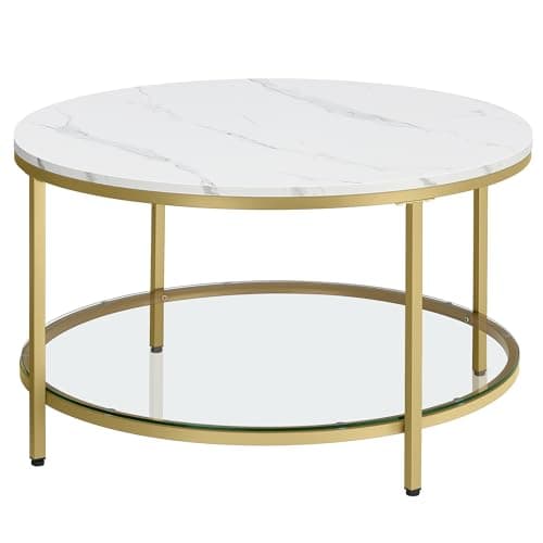Image of VASAGLE Coffee Table, Living Room Table, Sofa Cocktail Table Faux Marble Round, Tempered Glass Storage Shelf, Easy to Assemble, Modern Style, for Living Room, Marble White and Metallic Gold LCT071W59