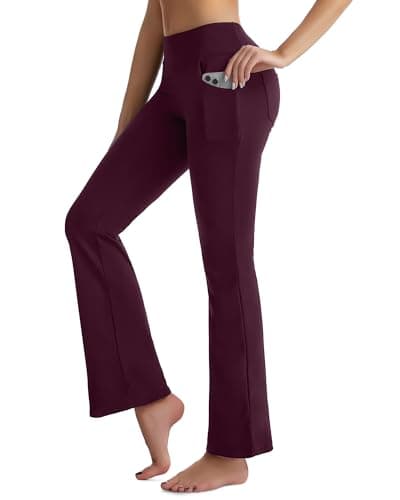 Image of CAMBIVO Ladies Stretch Bootleg Trousers, Bootcut Yoga Pants for Women, Comfy Soft Flared Leggings with Pockets and Elasticated Waist for Sports, Casual Wear(Wine Red, M)