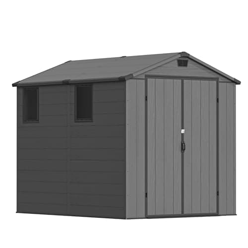 Image of Devoko 6x8ft Outdoor Plastic Garden Storage Shed with Lockable Double Doors & Apex Roof - Patio Backyard Tool Shed, Bike Shelter, Garbage Bin Store - Weather and Fade Resistant - Dark Gray