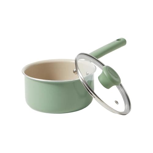 Image of Redchef Ceramic Nonstick Saucepan with Lid,16cm Small Cooking Pot, Non Toxic Sauce Pans for Kitchen, Cool Handle PFAS Free Compatible with All Cooktops, Green