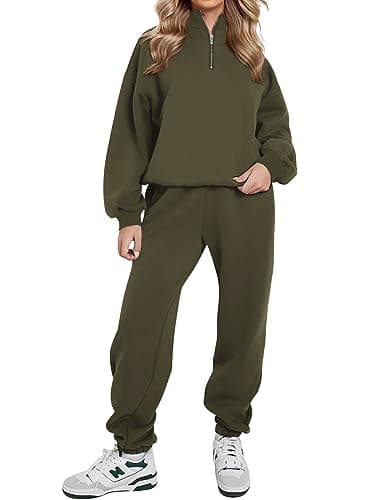 Image of REORIA Women Warm Half Zip Cotton Lounge Wear Sets Soft Co Ord Sets Plus Size Two Piece Outfit Thick Tracksuits Full Set With Fleece Lining Green L