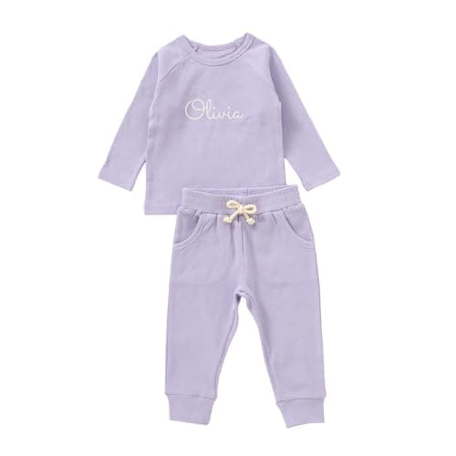 Image of cribstar Personalised Baby Ribbed Tracksuit Set Organic Cotton Custom Embroidered Name 2 Piece Outfit Toddler Boys Girls Unisex Gift (Lilac, 0-3 months)