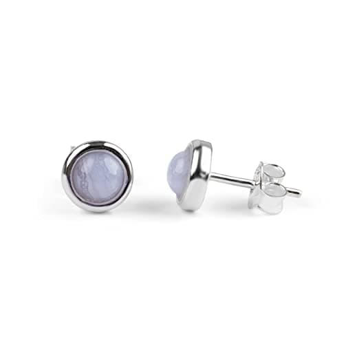 Image of Blue Lace Agate and Sterling Silver Simple Minimal Round Stud Earrings, Blue Earrings
