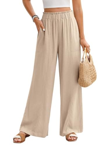Image of PASUDA Womens Linen Trousers Elasticated High Waisted Palazzo Pants for Women Casual Wide Leg Trousers with Pockets Ladies Elegant Summer Pants Loose Lounge Flowy (Khaki, L)