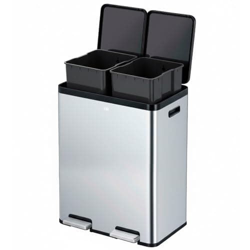 Image of EKO | Kitchen Recycling Bin 30L+30L with Double Pedal | Anti-Fingerprint Stainless Steel Waste Bin with Elegant Resin Lid | Separate Recycling and Trash Bins | Compact Design