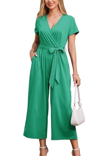 Image of OUGES Summer Jumpsuits for Women UK Short Sleeve Casual Jersey Playsuit With Pockets Deep Green, M
