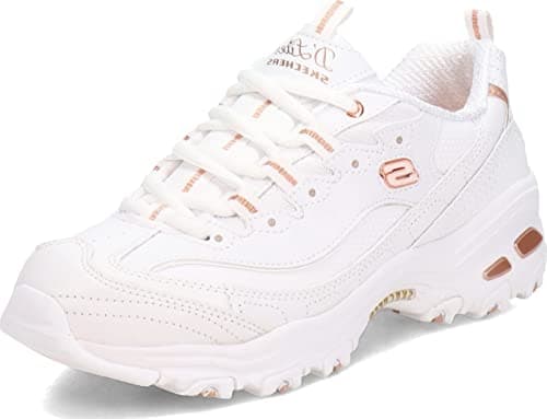 Image of Skechers Women's D'Lites Fresh Start Sneaker, White Leather/Duraleather/Rose Gold Trim, 6 UK