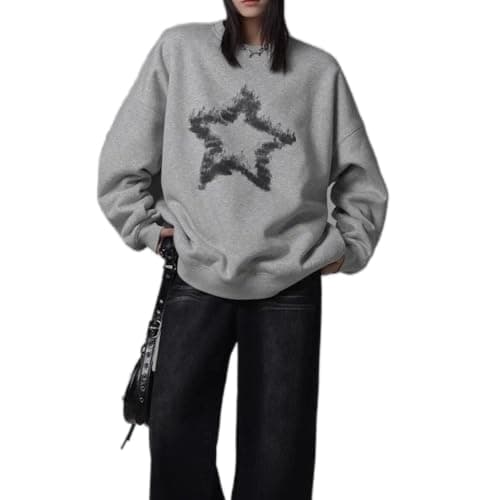 Image of yssgtt Women's Oversized Star Sweatshirt Vintage Punk Casual Top Graphic Tees Streetwear Unisex Grey