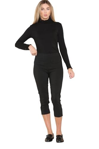 Image of WearAll Cropped Trousers for Women UK Ladies Capri Trouser Summer Pants Short Crop Stretch 3/4 Length Three Quarter Pedal Pusher Clothes Elasticated Bengaline Cut Off Black 18