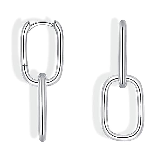 Image of Cangall Convertible Link Earrings for Women, 925 Sterling Silver Double Oval Hoop Earrings, Paperclip Link Chain Hoop Earrings, Hypoallergenic Small Geometric Silver Sleeper Huggie Earrings Dangling