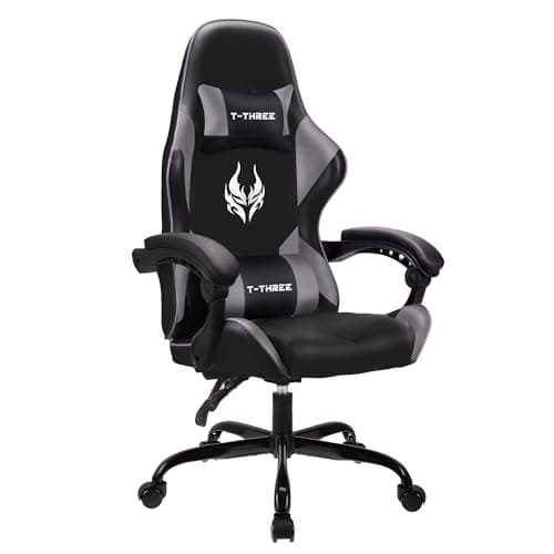 Image of T-THREE.Ergonomic high-back gaming, computer, office, study, swivel, and racing-style chair with adjustable lumbar and headrest support, 150kg weight capacity, ideal for home office(Gray)