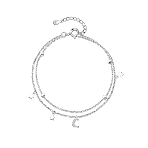 Image of Weviway Moon and Star Friendship Bracelet, Adjustable Silver Charm Bracelet with Cubic Zirconia, Women's Birthday Gift
