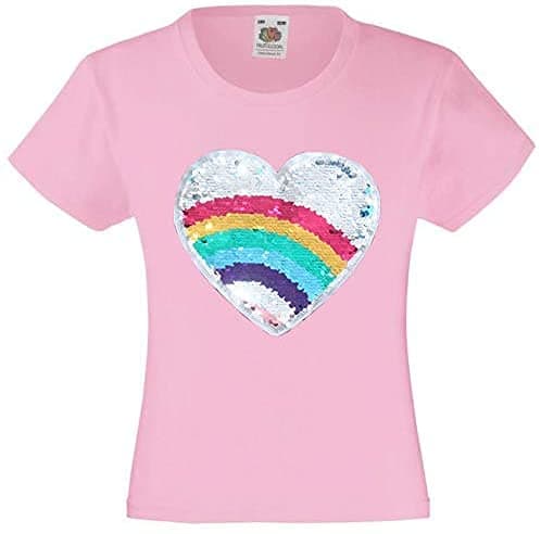 Image of Girls Heart Multi Colour Sequins Patch Tee Shirt (Baby Pink, 7-8 Years)