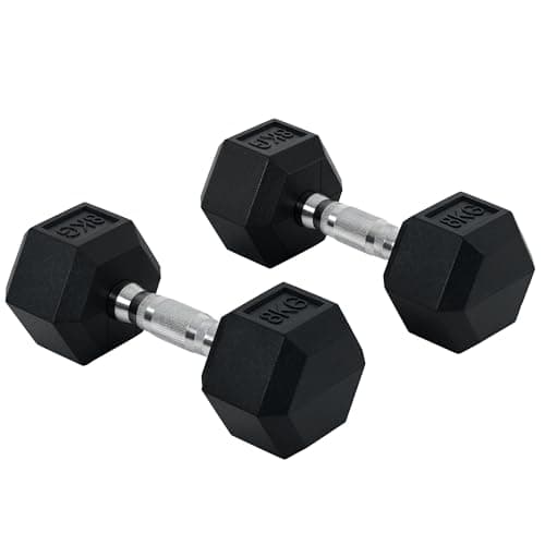 Image of HOMCOM 2x8kg Rubber Hex Dumbbell Set Anti-Rolling Free Weights Dumbbells Pair with Knurled Grip for Home Gym Strength Training Exercise