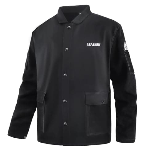 Image of LeaSeek Flame Resistant (FR) Cotton Welding Jacket with Leather Sleeved, Work Safety Welder Coat for Men & Women
