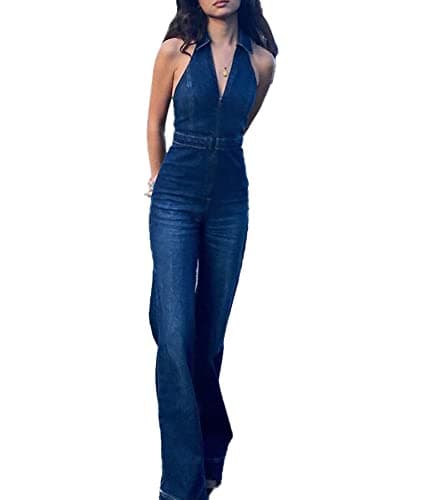 Image of Sematomala Women's Sleeveless Y2K Jean Jumpsuit Flared Leg Pants Romper Halter Tank Top Denim Catsuit Maxi Overall, Blue-collared V Neck, M