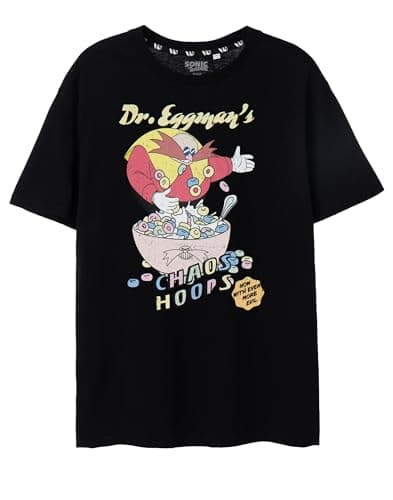 Image of Sonic The Hedgehog Mens T-Shirt | Black Chaos Hoops Doctor Eggman Graphic Tee for Adults | Dr. Robotnik Distressed Vintage Game Short-Sleeved Top | Classic Gaming Apparel Gift for Him