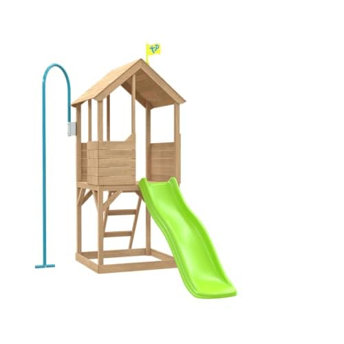 Image of TP Toys - Treehouse Wooden Play Tower, With Panel Kit, Balcony, Wavy Slide With Slide Lock & Swing Arm. Two-storey Wooden Playhouse, Lookout Deck, Made From FSC Certified Wood - Age 3 Years+