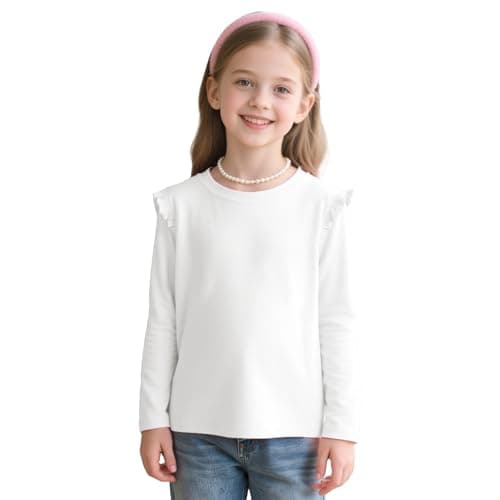 Image of JinBei Girls Long Sleeve T-Shirt Cotton Round Neck Tops with Ruffled Sleeves White Shirts Top Soft Comfort Lightweight Kids Clothes Tee School Casual Everyday Solid Color, Age 7-8 Years
