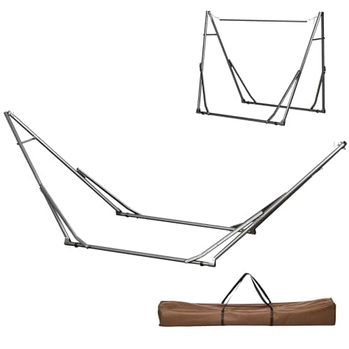 Image of Outsunny Foldable Hammock Stand, Portable Hammock with Metal Frame, 2 in 1 Hammock Net Stand, Clothes Drying Rack, Load Capacity 120kg, for Patio, Garden, Yard, Black