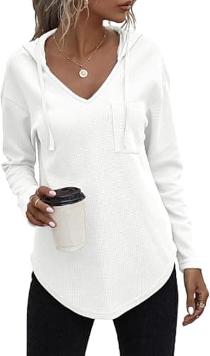 Image of ELFIN Women's Long Sleeve V-neck Knitted Hooded Sweatshirt Solid Casual Pullovers Fashion Hoodies with Pocket White