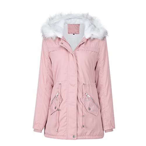 Image of YYNUDA Women Winter Parka Coat Fur Collar Hooded Jacket Warm Windproof Padded Outwear Pink XL