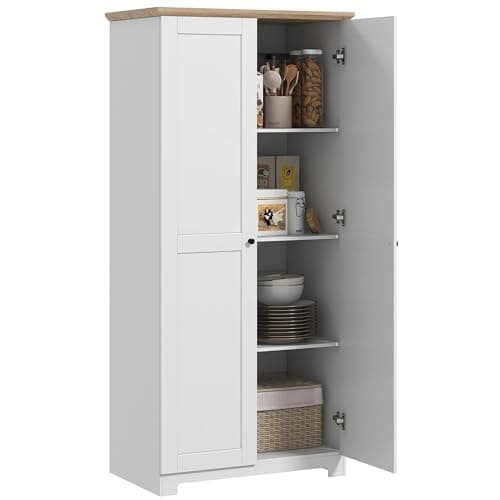 Image of HOMCOM 172cm Kitchen Cupboard, Freestanding Storage Cabinet with Doors and Shelves, Modern 2-Door Kitchen Pantry Cupboard for Dining Room, White
