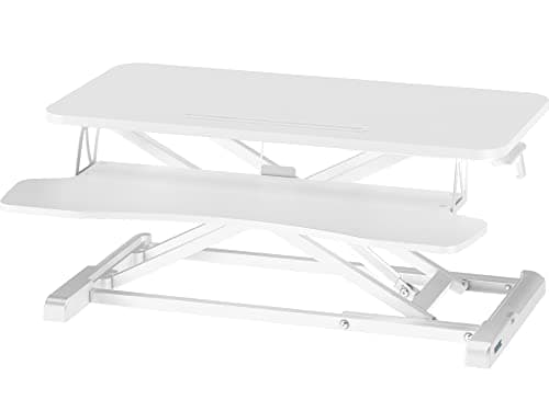Image of BONTEC Standing Desk Converter, 32in/80cm Height-Adjustable Dual Tier Workstation, Ergonomic Sit-Stand Desk Converter for PC Laptop Keyboard, Monitor Stand Compatible, Up to 15kg, Home Office (White)