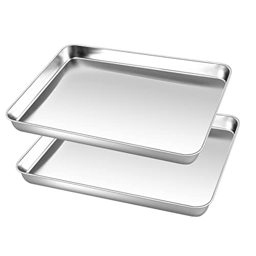 Image of Small Baking Tray, Onader Stainless Steel Oven Trays Cookie Sheet Pan, Set of 2 Perfect for Baking Cooking Serving, Non Toxic & Healthy, Heavy Duty & Mirror Finished & Dishwasher Safe, 26.4x20.4x2.5cm