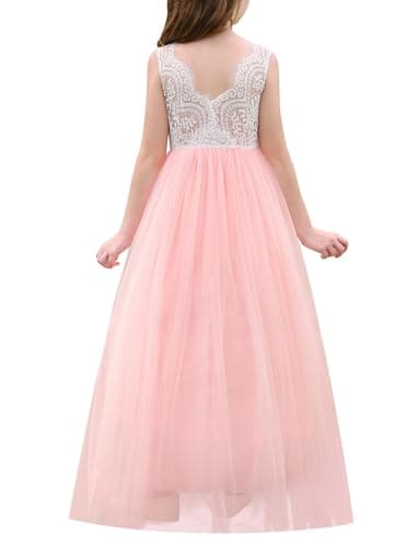 Image of EFOGEP Flower Girl Lace Dress Elegant Sleeveless V Back Tulle Party Maxi Dresses Kid Girls Wedding Bridesmaid First Communion Birthday Pageant Princess Prom Ball Gown Pink 12-13 Years