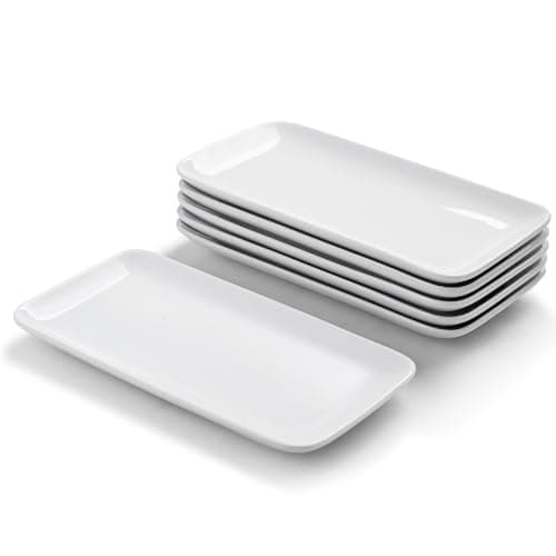 Image of WishDeco Rectangle Plates Set of 6, Small Serving Platters L23 cm x W12 cm, White Ceramic Dinner Plates 9 inch, Serving Dishes for Starter, Dessert, Salad, Sushi, Cake