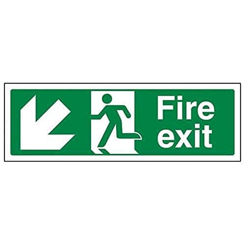 Image of V Safety Fire Exit Arrow Down Left Sign - Landscape - 450mm x 150mm - 2mm Rigid Plastic