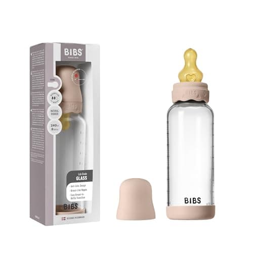 Image of BIBS Boheme Baby Glass Bottle 8 oz /240 ml. Anti-Colic. Round Natural Rubber Latex Nipple. Supports Natural Breastfeeding - Blush