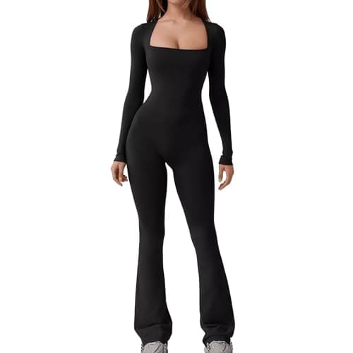 Image of Hybursky Gym Jumpsuit for Women Long Sleeve Bodycon Bodysuit Seamless Square Neck Flared Wide Leg Yoga Playsuit Slim Fit Casual Full Length Jumpsuits Workout Going Outfits, Black/XL