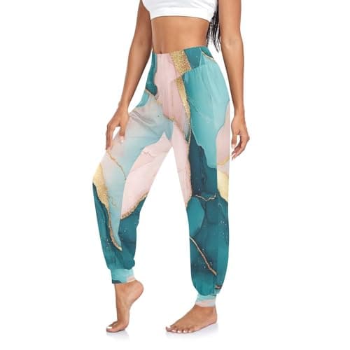 Image of GuoChe Womens Yoga Pants Stretch Casual Athletic Workout Pants Joggers for Home Workout Travel, Marble Teal Blush_3, XL