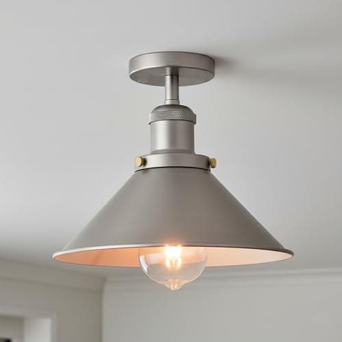 Image of LEDSone Vintage Semi Flush Ceiling Light 22cm Satin Nickel Metal Cone Shade E27 Ceiling Lamp for Kitchen Hallway Bedroom Living Room Retro Flush Mount Lighting No Bulb