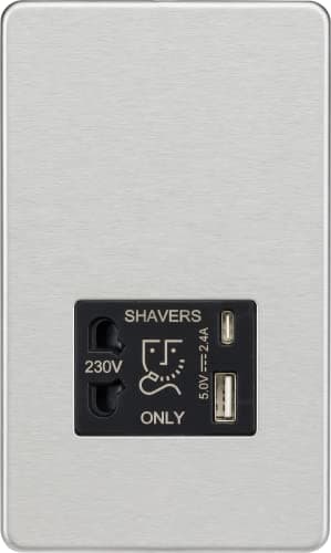 Image of Knightsbridge Screwless Shaver socket with dual USB A+C (5V DC 2.4A shared) - brushed chrome with black insert