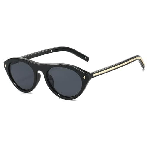Image of LJCZKA Retro Oval Sunglasses for Women Men Small Oval Cat Eye Sunglasses Narrow Round Cateye Shades 90s Vintage Sunnies Fashion UV400 Protection (Black Black)